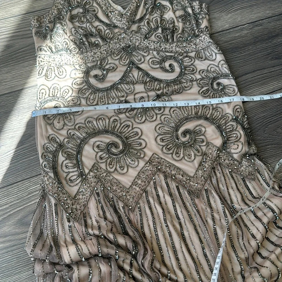 Beaded evening gown nude sheer wedding formal sleeveless natural size 10 dress - Picture 11 of 13